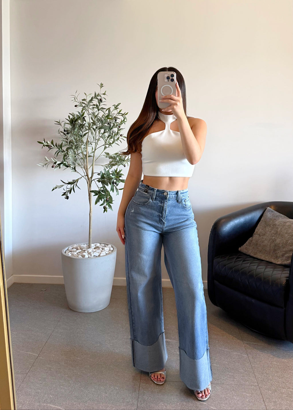 Jeans vibrant con doblez