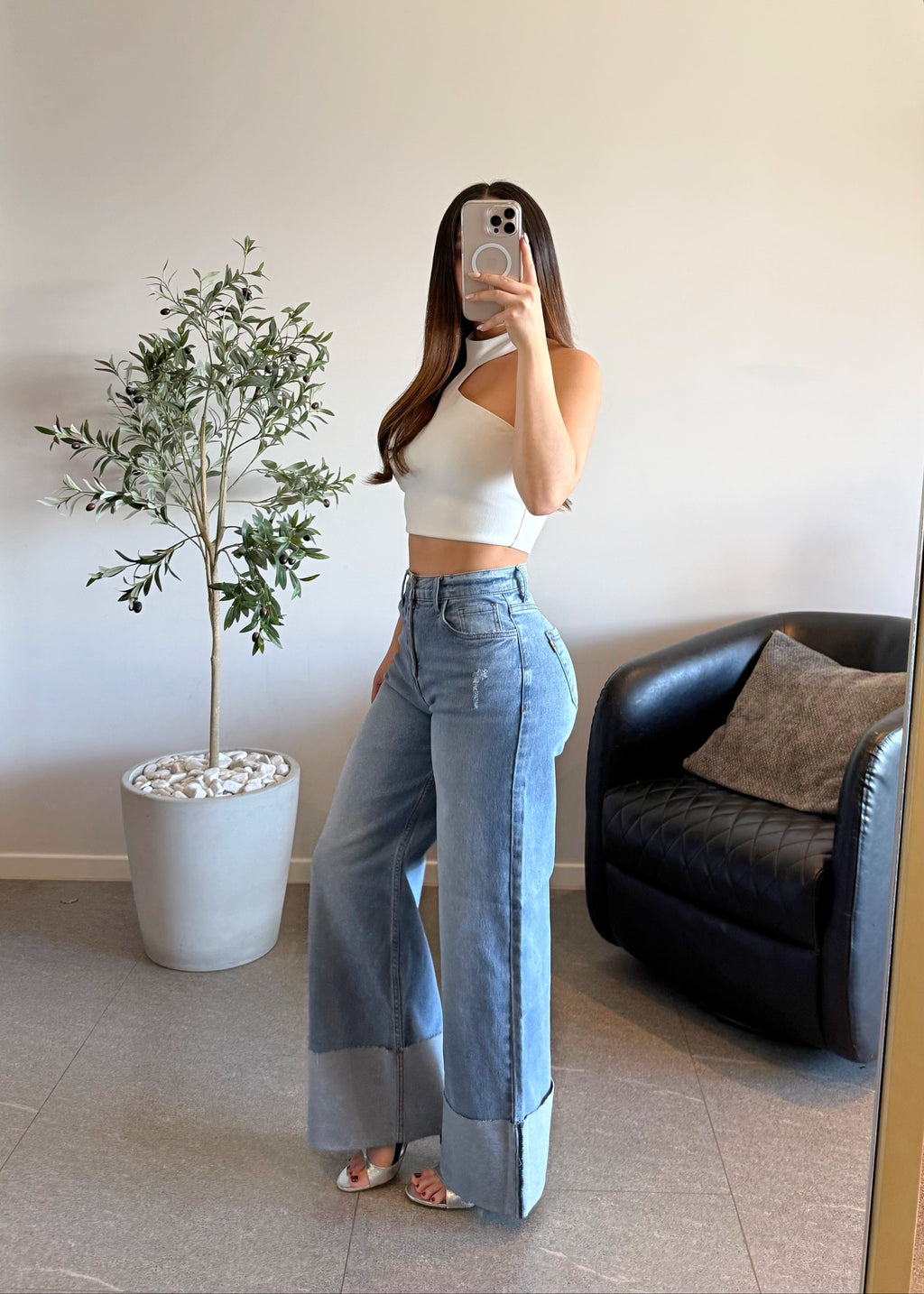 Jeans vibrant con doblez